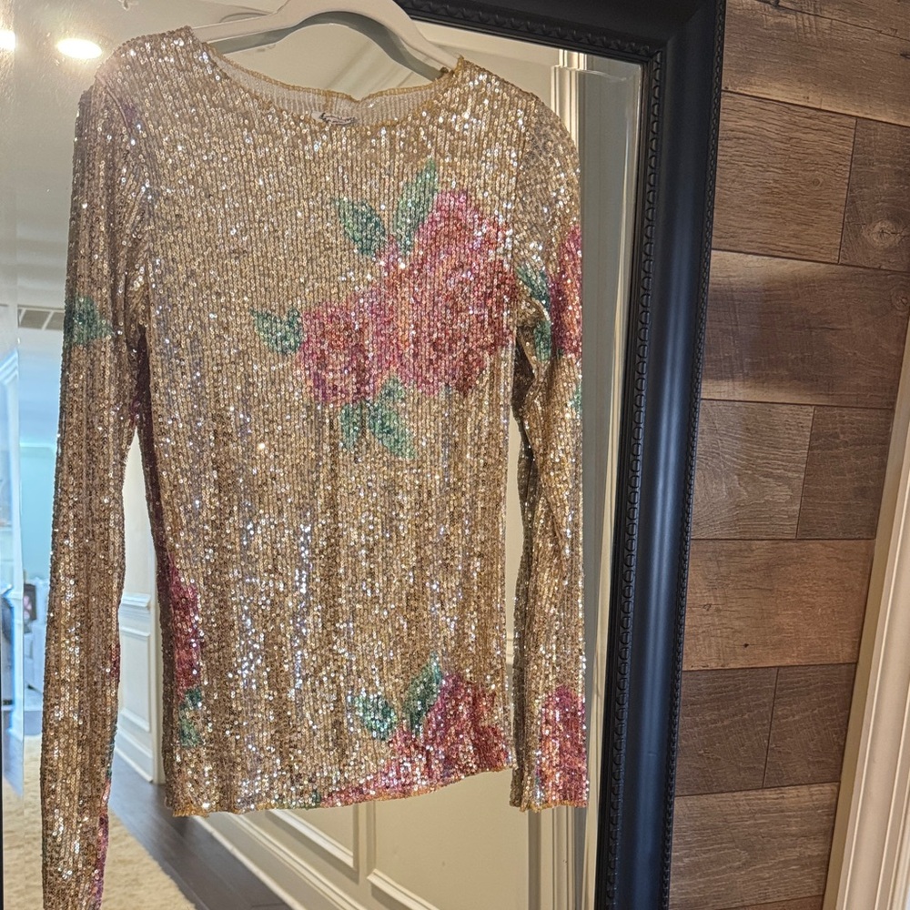 Free People Gold Sequin Floral Blouse